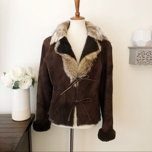 Suede and real fur coat tie front from Argentina chocolate brown tan size large